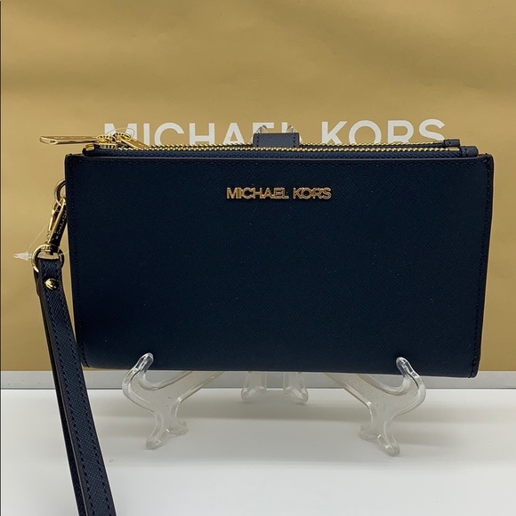 MICHAEL KORS LG DOUBLE ZIP WRISTLET PHONE CASE - wallet Navy NWT - Picture 3 of 16